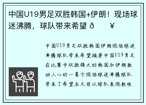 中国U19男足双胜韩国+伊朗！现场球迷沸腾，球队带来希望 🔥